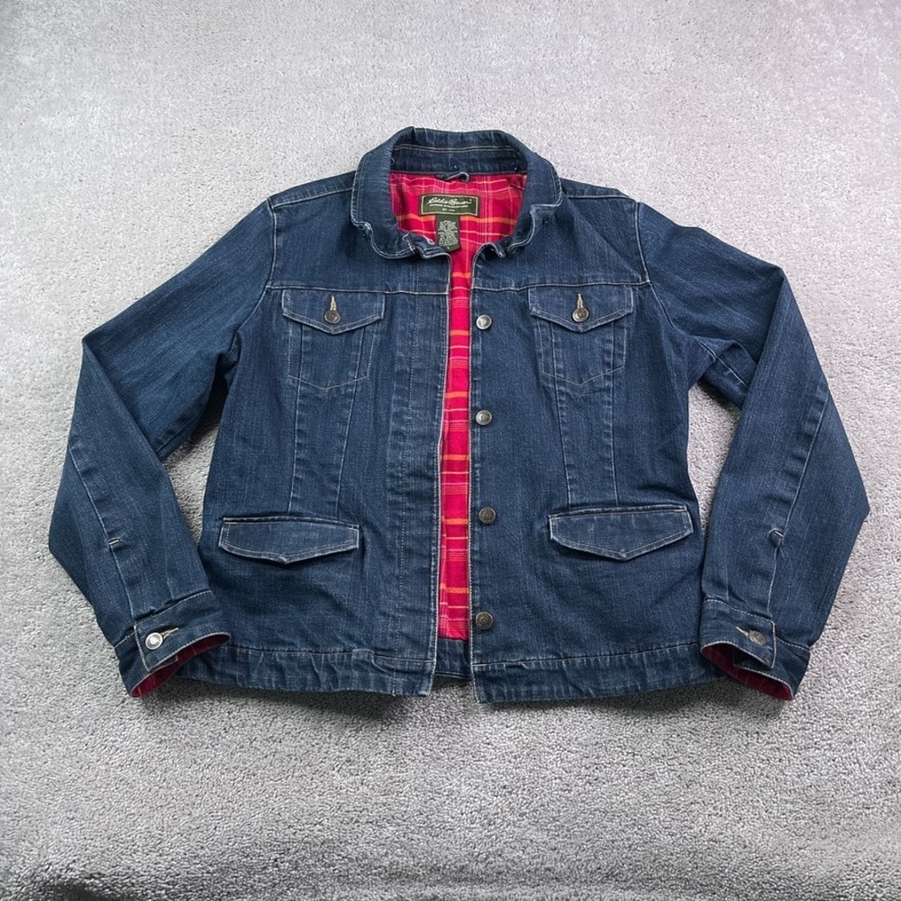 Eddie Bauer Jacket Women Large Blue Denim Flannel Plaid Lined Trucker Rugged
